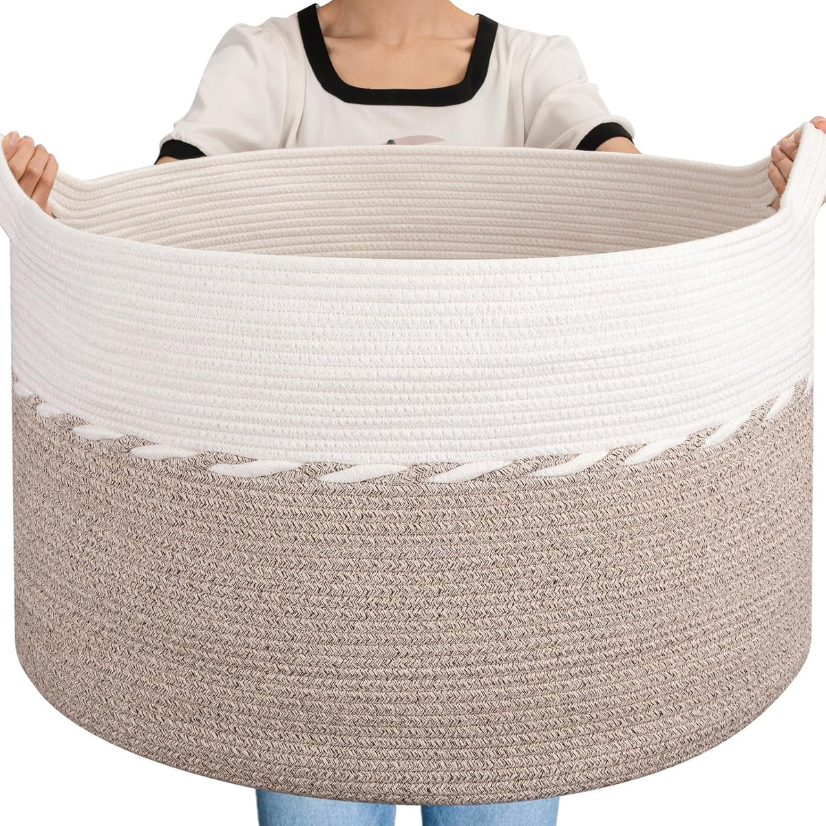 OIAHOMY 125L Extra Large Blanket Basket, Jumbo Cotton Laundry Basket Brown
