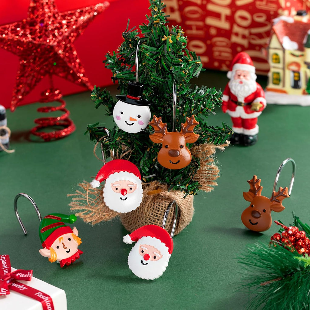 Yungyan 12 Pcs Christmas Shower Curtain Hooks Santa Claus Curtain Hangers