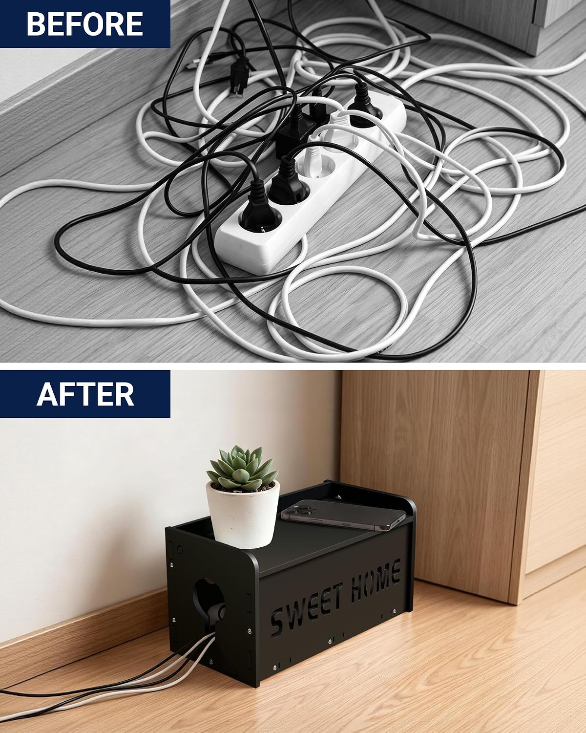 Large Cable Management Organizer Box, Imitation Wood Plastic Cord Organizer Management Boxs, Cord Hider Box for Power Strip Router & USB Hub & TV Wires, Suitable for Both Home and Office (Black)