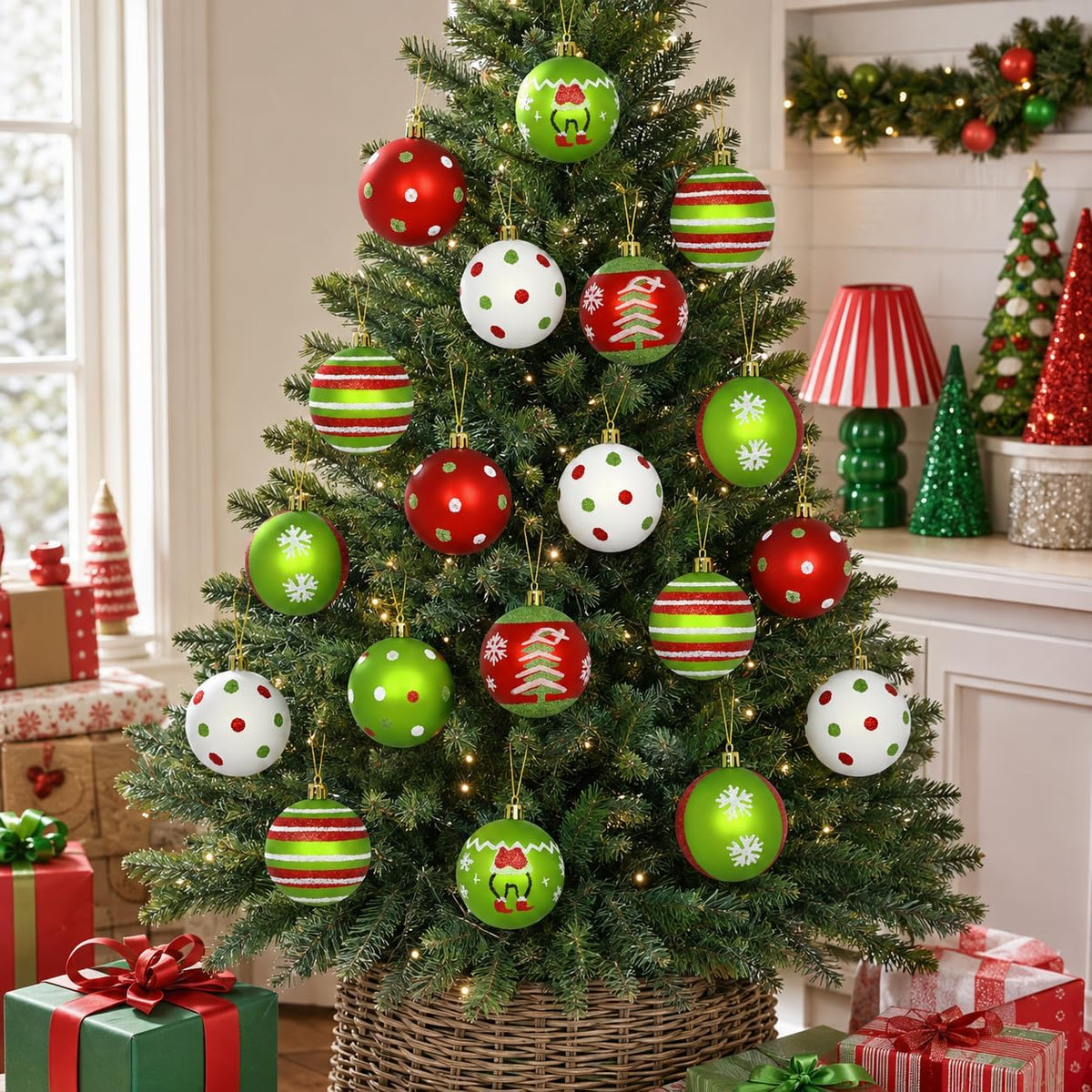 16 Christmas Tree Balls Ornaments Decoration 2.36'', Sparkly Red and Green