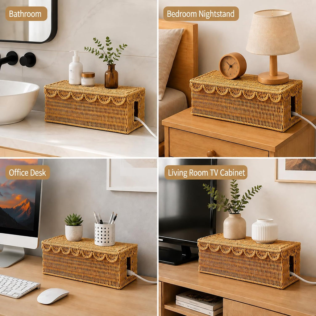 Patelai 2 Pack Scalloped Cable Management Box, Plastic, Natural Color
