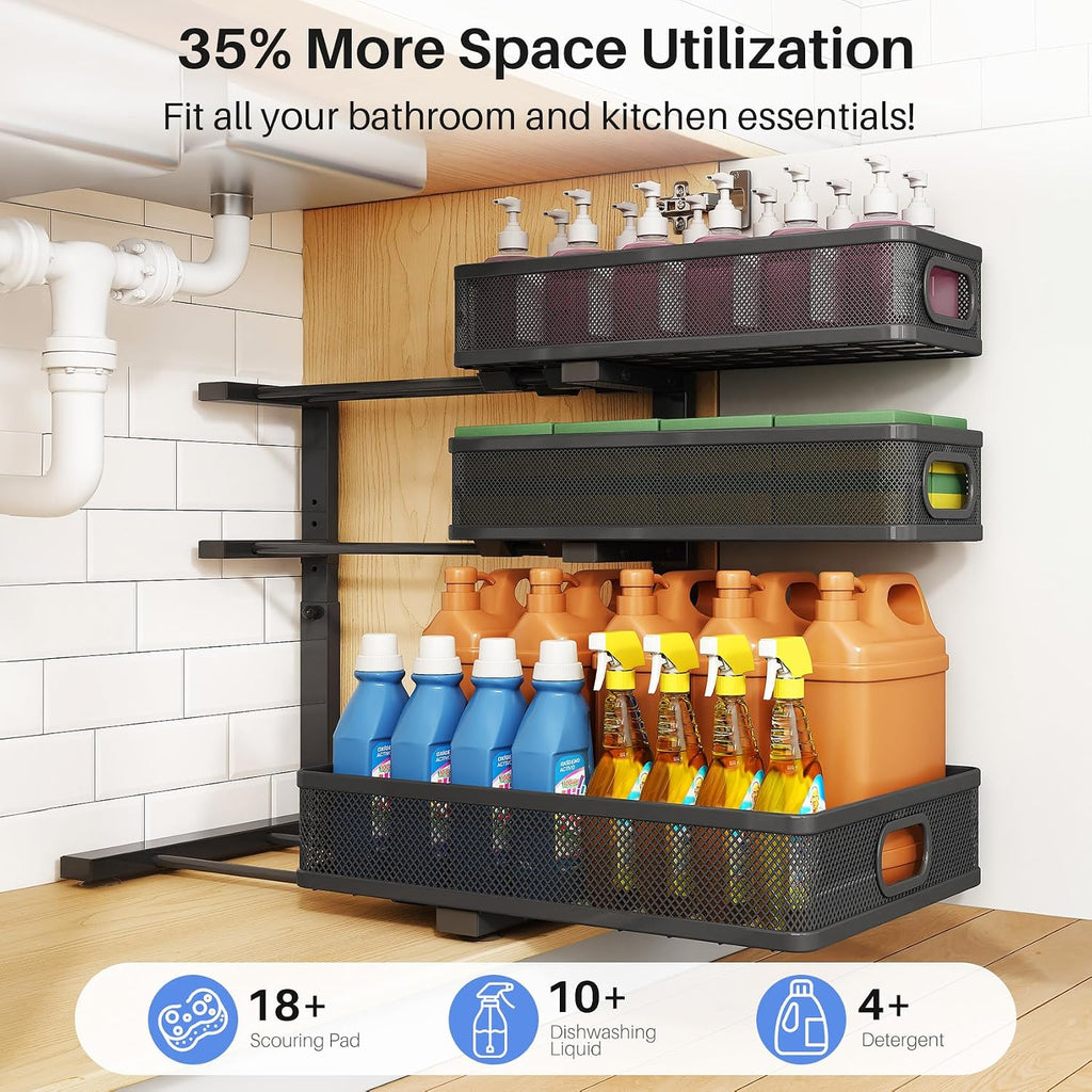 Under Sink Organizer, 3-Tier Thickened Metal Pull out Cabinet Organizer Shelf, Height Adjustable Slide out Storage Drawer Rack for Kitchen Bathroom Pantry Laundry Home Organization, 1-Pack, Black