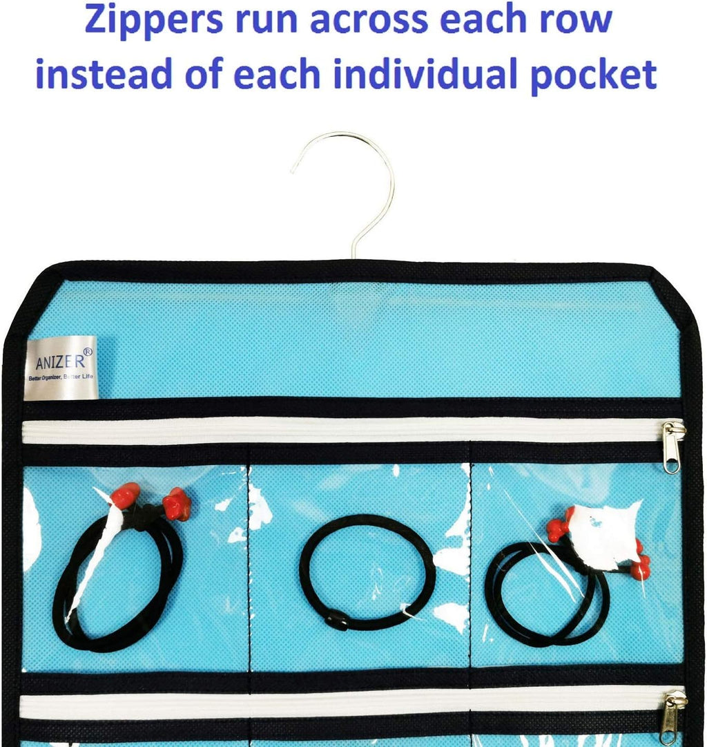 Travel Foldable Jewelry Rolls Bag Hanging Jewelry Organizer with 9 Zippered Clear Pockets Storage Pouch with Rotatable Hanger (BLUE)