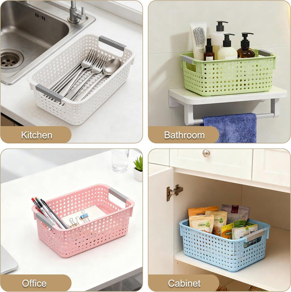 Soddeph 4-Pack Hollow Plastic Storage Baskets with Handles(Blue, Small)