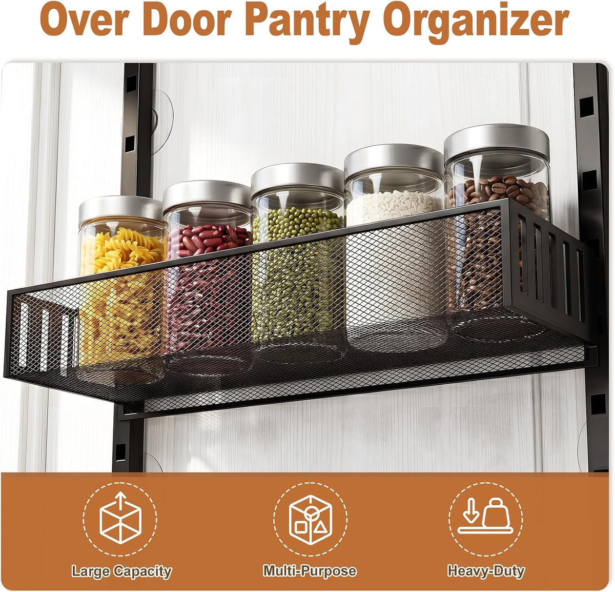 Over the Door Pantry Organizer, 8-Tier Heavy-Duty Door Spice Rack with Mesh Baskets, Height Adjustable & Anti-Swing Design, Pantry Door Organizers and Storage for Kitchen, Bathroom, Laundry Room