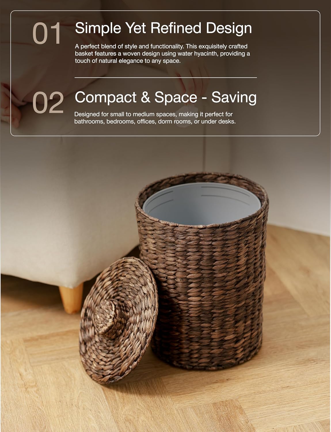 Tidita 4 Gallon Wicker Trash Can with Lid,Water Hyacinth Waste Basket,Black