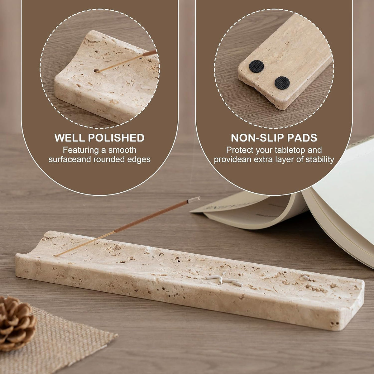 Marble Incense Holder Burner-Natural Stone Stick Incense Tray with Ash Catcher，20 Sticks & Brush - Elegant Decor for Meditation, Yoga, Home,Gift(Beige Travertine)