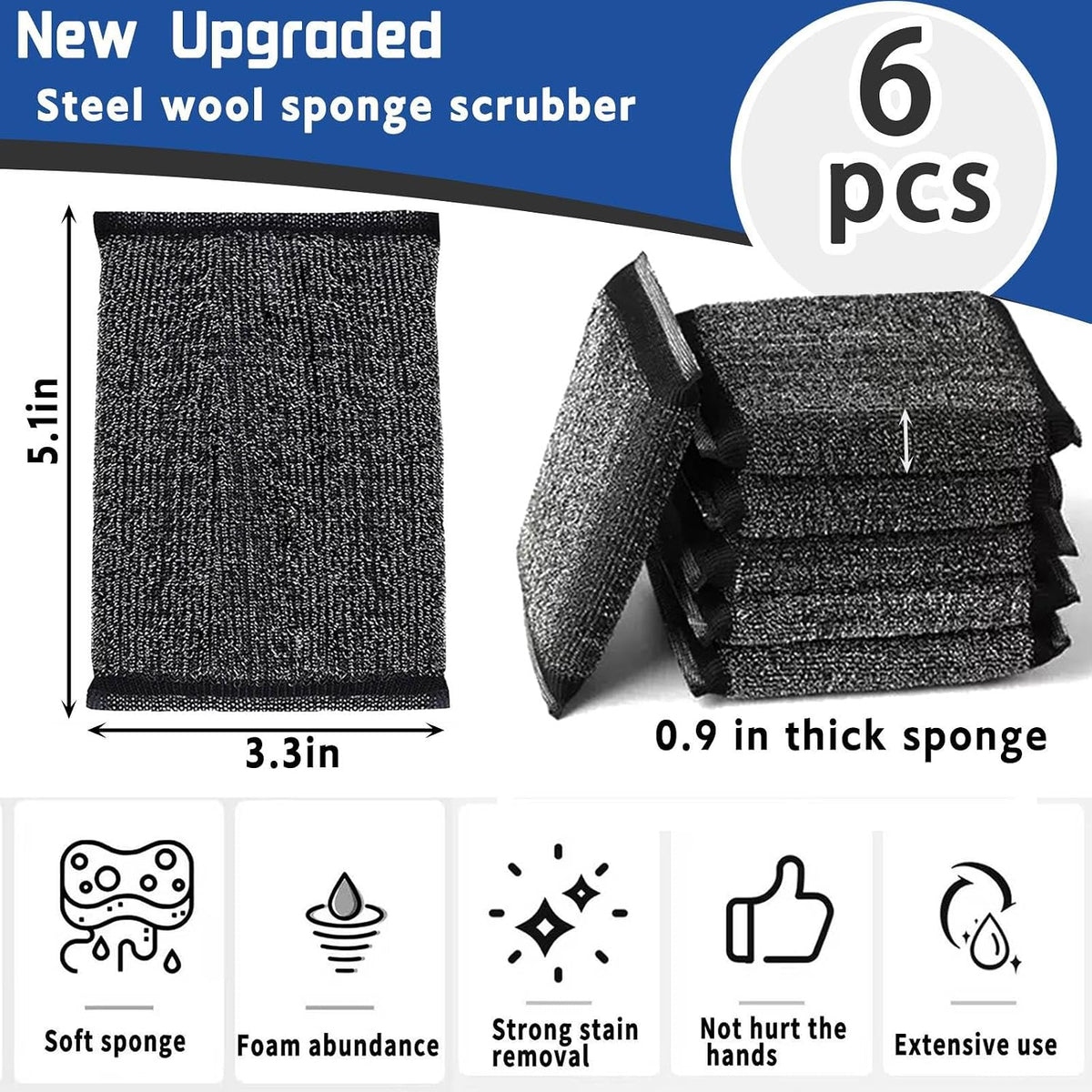 Kitchen Sponges for Dishes - Steel Wool Scrubber Sponges for Kitchen Heavy Duty Non-Scratch Scrubbing Cleaner (6 Pack)