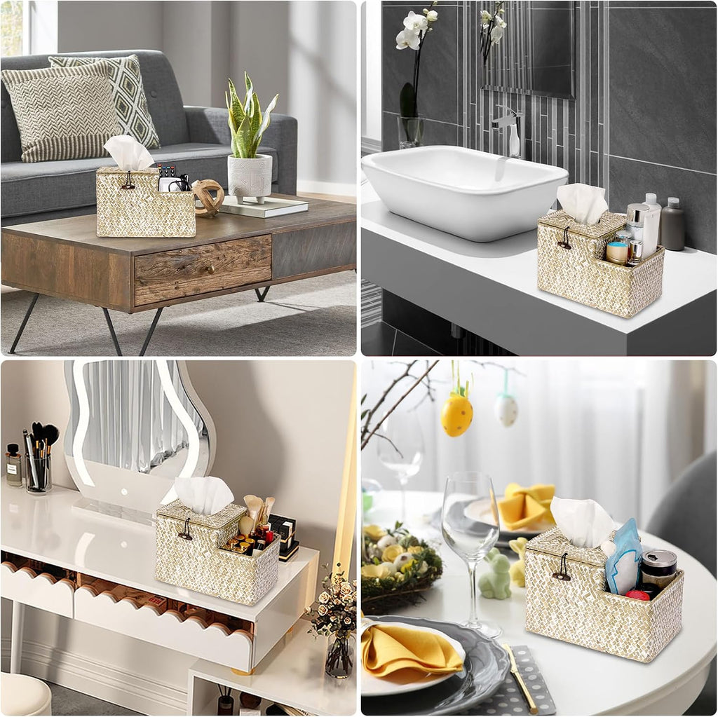 Sumnacon Tissue Box Cover Square Tissue Box Woven Seagrass Tissue Box Holder with Side Organizer, Rustic Tissue Holder for Living Room Bathroom Bedroom Kitchen Office Table Desk, White