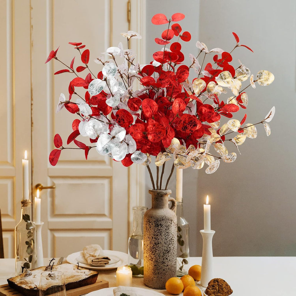 4Pcs Artificial Eucalyptus Leaves Stems 28‘’ Eucalyptus Branches Fake Christmas Flowers Decoration Eucalyptus Plant for Home Fireplace Holiday Wedding Xmas Tree Winter Décor