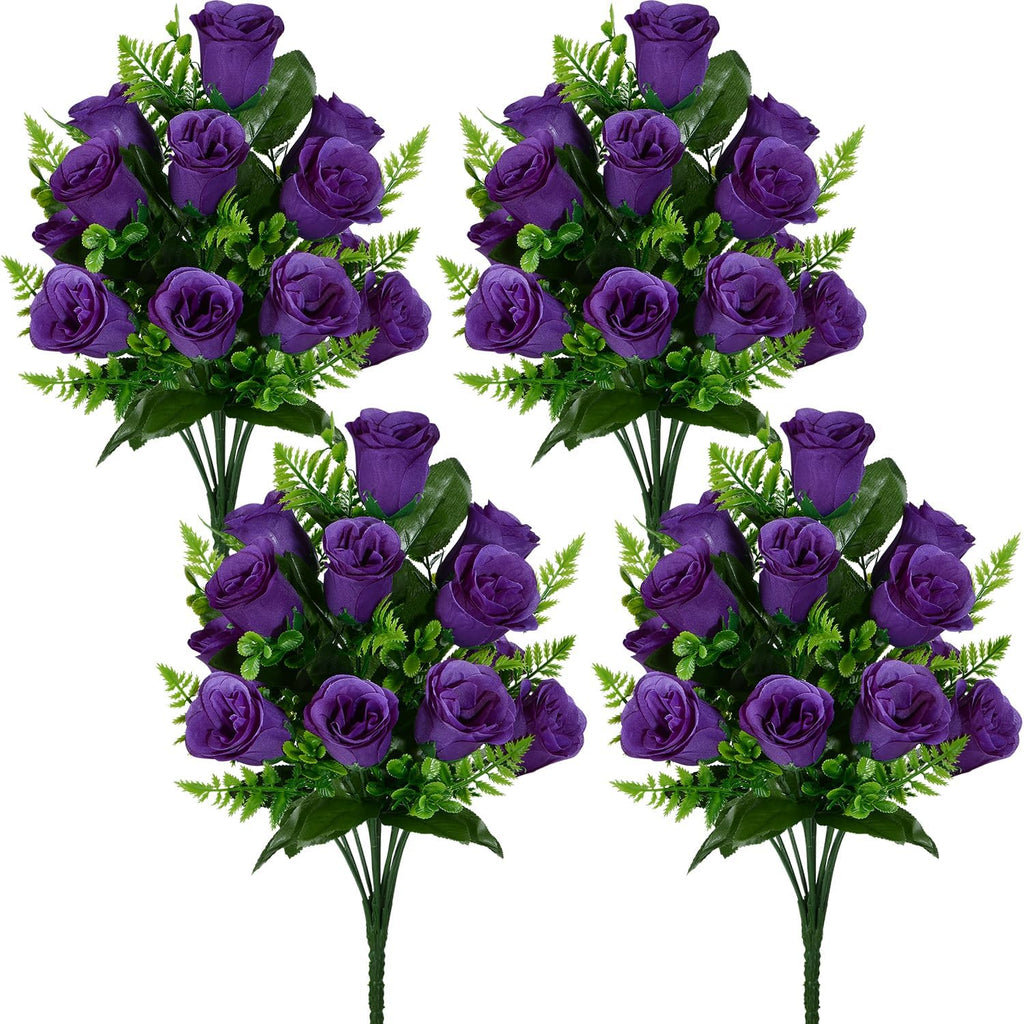 Artificial Rose Flowers Bouquet Realistic Silk Rose Fake Flowers for Wedding Home Centerpieces Party Cemetery Grave Decoration (4 Bouquets, Purple)