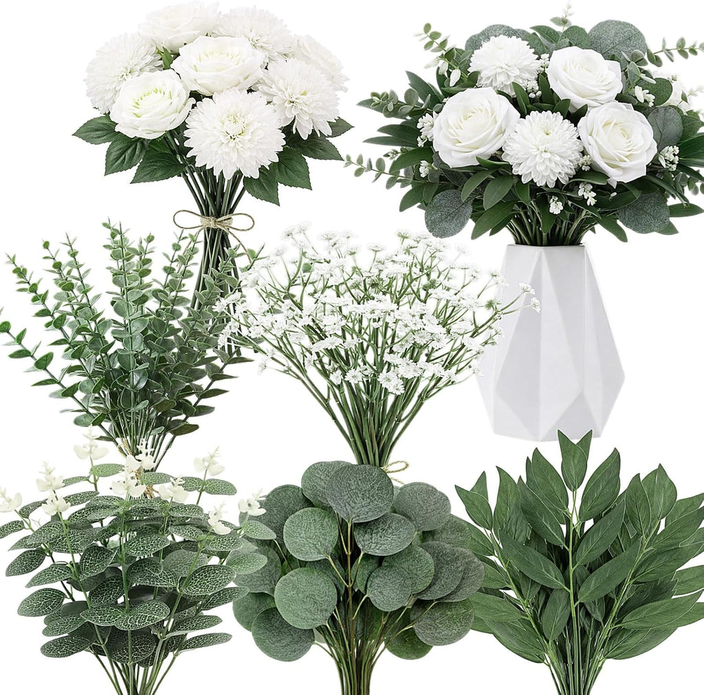 120 Pcs Green White Artificial Eucalyptus Stems and Faux Flowers, Mixed