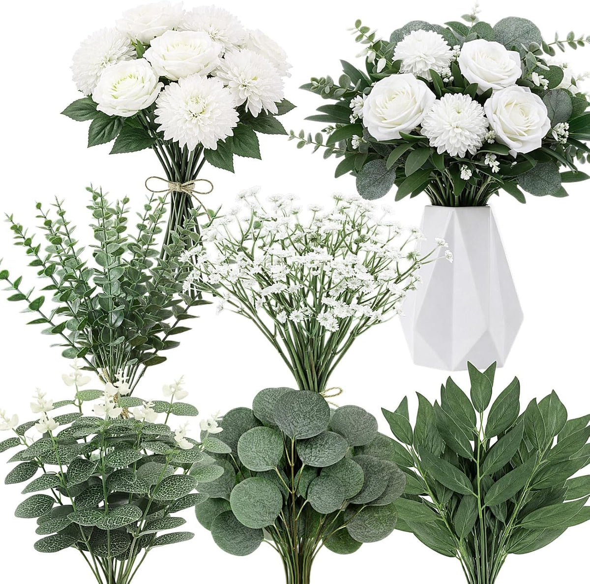 120 Pcs Green White Artificial Eucalyptus Stems and Faux Flowers, Mixed