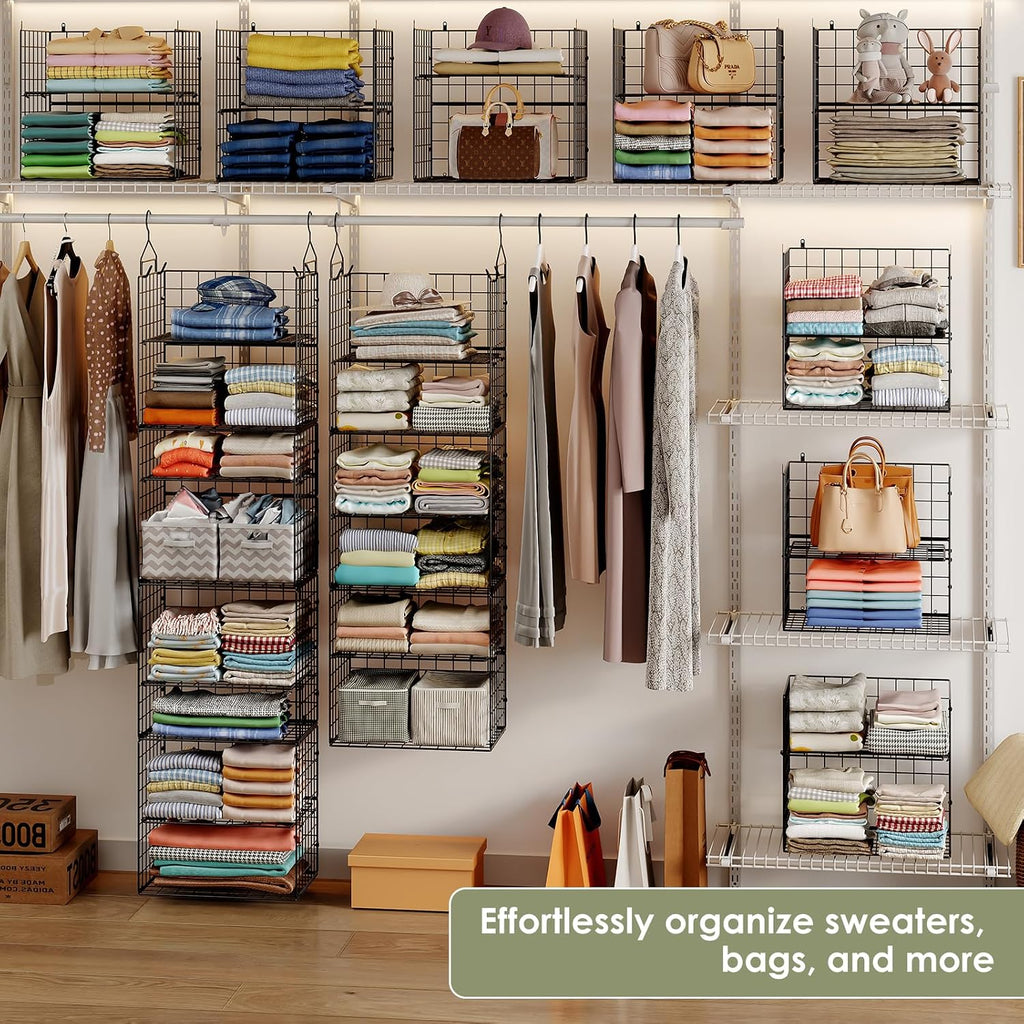 8 Tier Widened Hanging Closet Organizer and Storage Shelves, Metal & Foldable Hanging Clothing Organizer Baskets with Adjustable Dividers for Sweaters Shoes Handbags,Black (D11.81"xW16.14"xH15.35")