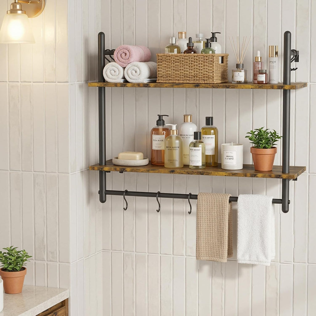 Merapi 31.5" Industrial Pipe Floating Shelf with Towel Bar & Hooks