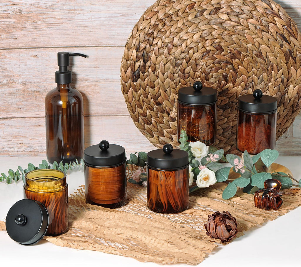 Amolliar Amber Glass Apothecary Jars Qtip Holder w/Metal Lids,Black 6pc