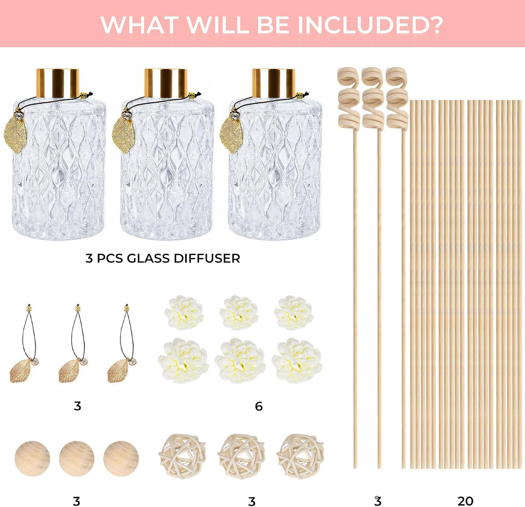 Glass Reed Diffusers Bottles for Home, Diffuser Bottles with Reed Diffuser Sticks Set, Vintage Embossed Apothecary Style Flower Bud Vases with Cork Lids, Set of 3