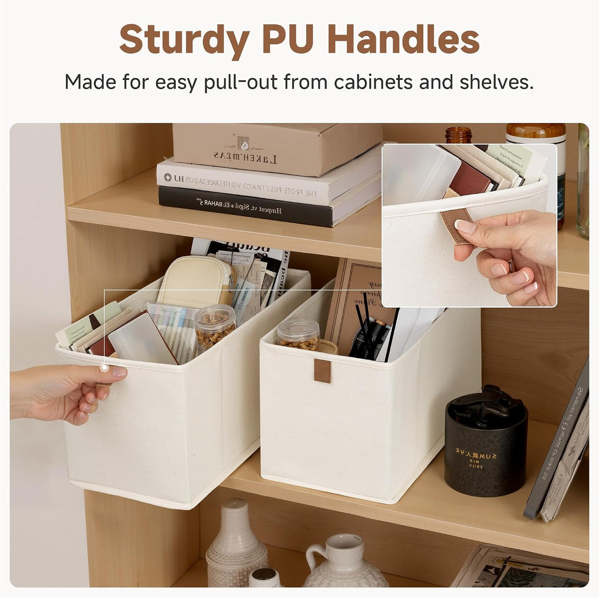 StorageWorks Narrow Storage Bins, 14¾"Lx7¾Wx8¼H, 4-Pack, Beige