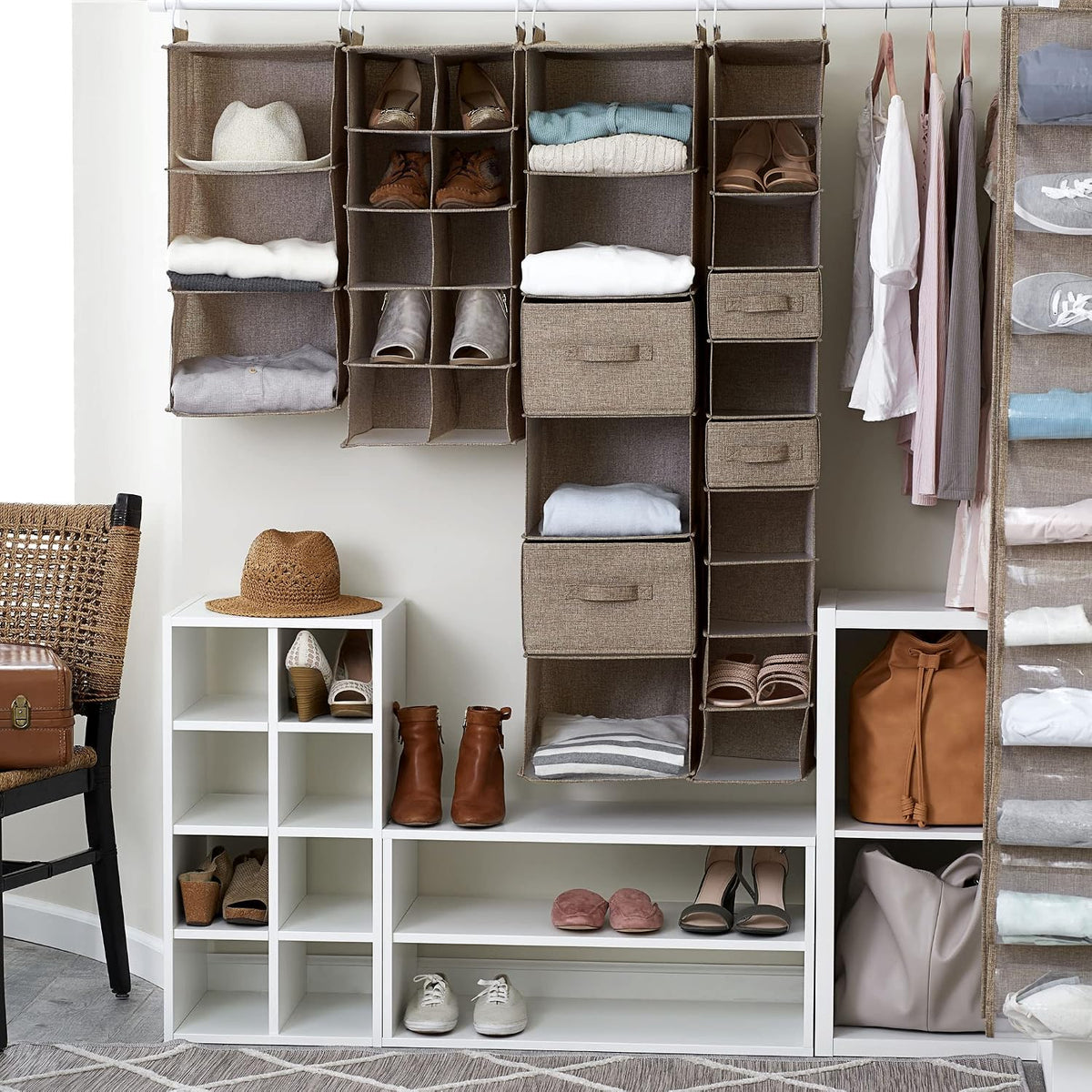 Household Essentials 10‑Pocket Hanging Shoe Organizer with Side‑by‑Side Canvas Storage and 2 Hooks for Support, Beige