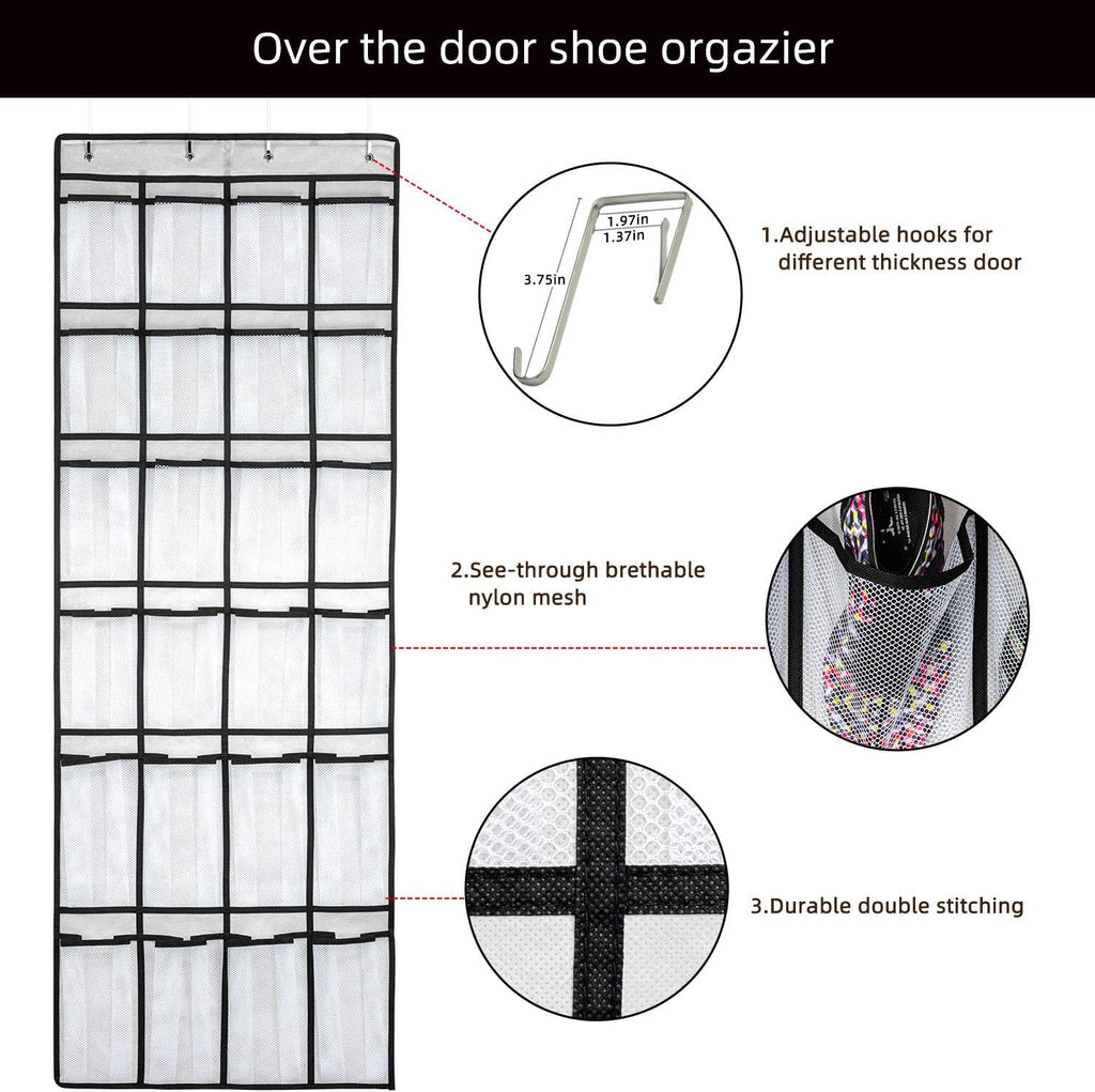 SAVERHO Hanging Shoe Organizer, Over The Door Shoe Organizer with 24 Mesh Large Pockets Door Shoe Rack for Men Women Kids Hanging Door Shoe Holder Size:58x21 Inch (White-2pack)