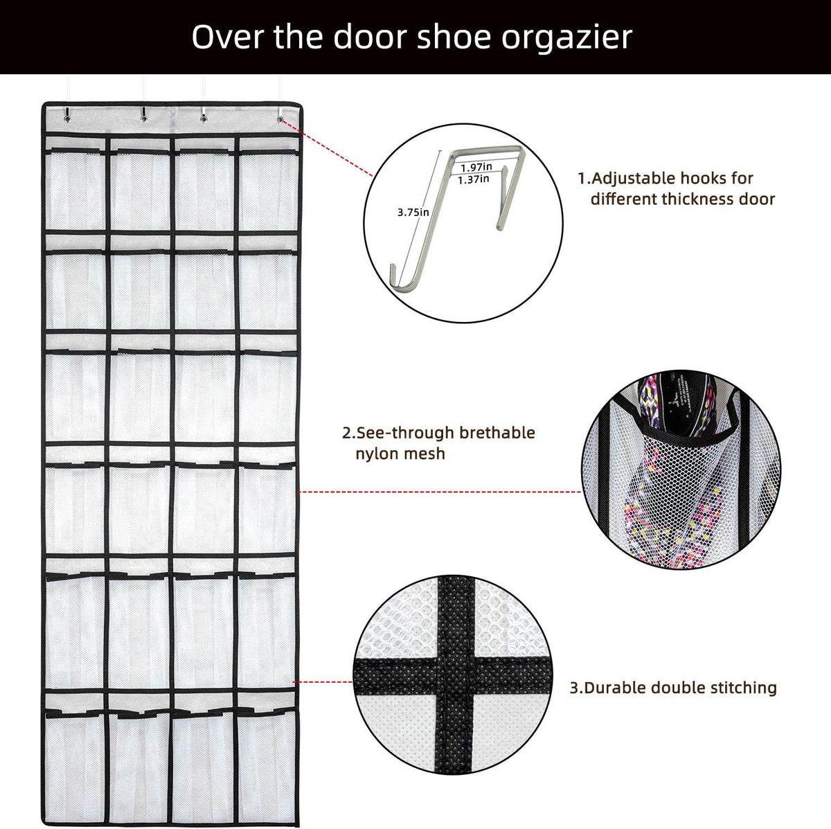 SAVERHO Hanging Shoe Organizer, Over The Door Shoe Organizer with 24 Mesh Large Pockets Door Shoe Rack for Men Women Kids Hanging Door Shoe Holder Size:58x21 Inch (White-2pack)