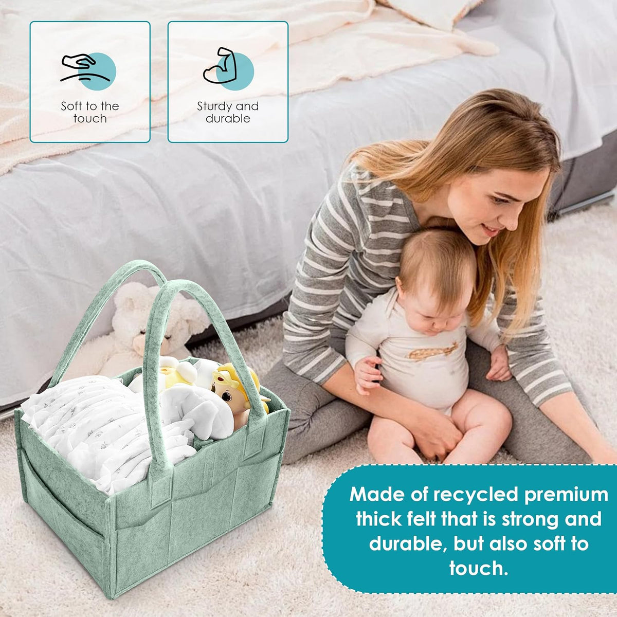 Cute Castle 2 Pack Diaper Caddy Organizer - Portable Baby Caddy Organizer with Handle, Nursery Storage Bin and Car Organizer for Girls, Boys - Baby Gift Basket - Green, Large