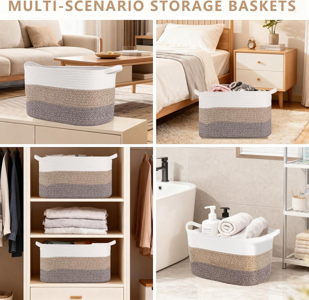 3PCS Grey Cotton Rope Woven Storage Basket, 15x10x8.7 Inches Shelf Organizer for Baby Gift Baskets, Toys, Laundry, Baby Blankets & Empty Gift Baskets