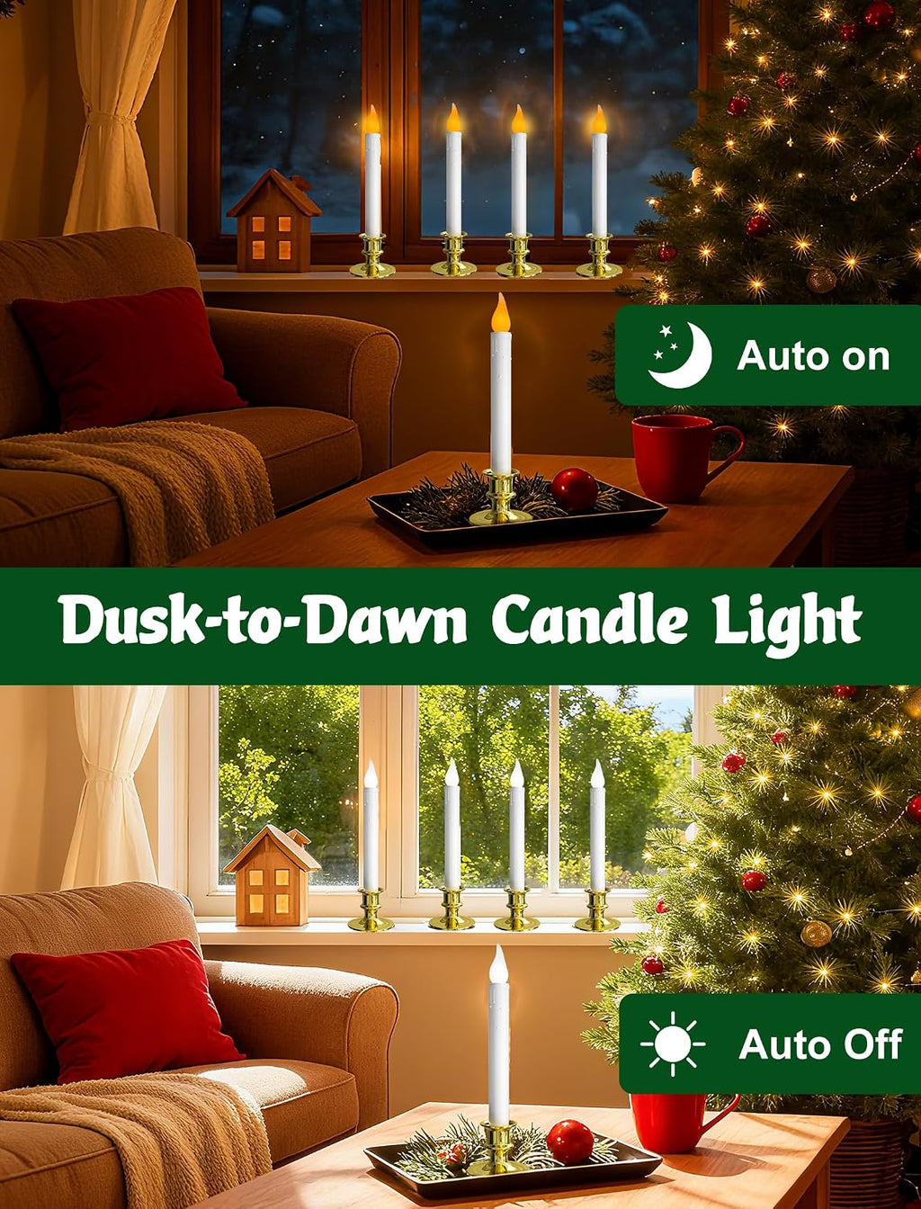 4-Pack Flameless Window Candles Battery Operated with Timer,3D Flickering Flame, Battery Operated LED Candlesticks with Suction Cups for Christmas Holiday Home Window Decor
