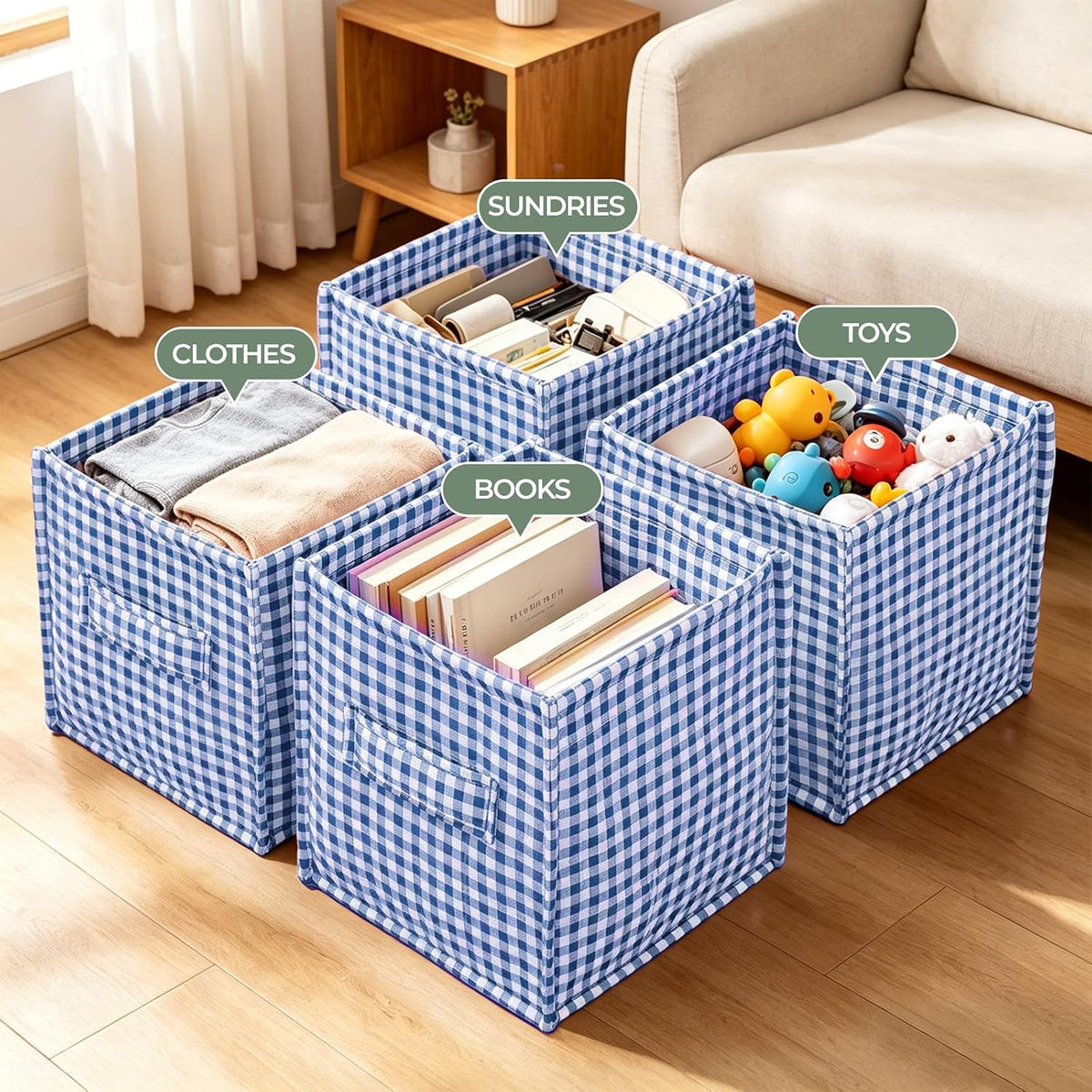 vctops Blue Gingham Storage Cubes Organizer, 11.4 Inch 3 Pack Collapsible Fabric Storage Bins with Handles for Organization, Closet, Shelves, Offices, Toys (Blue,11.4"x11.4"x11.4")