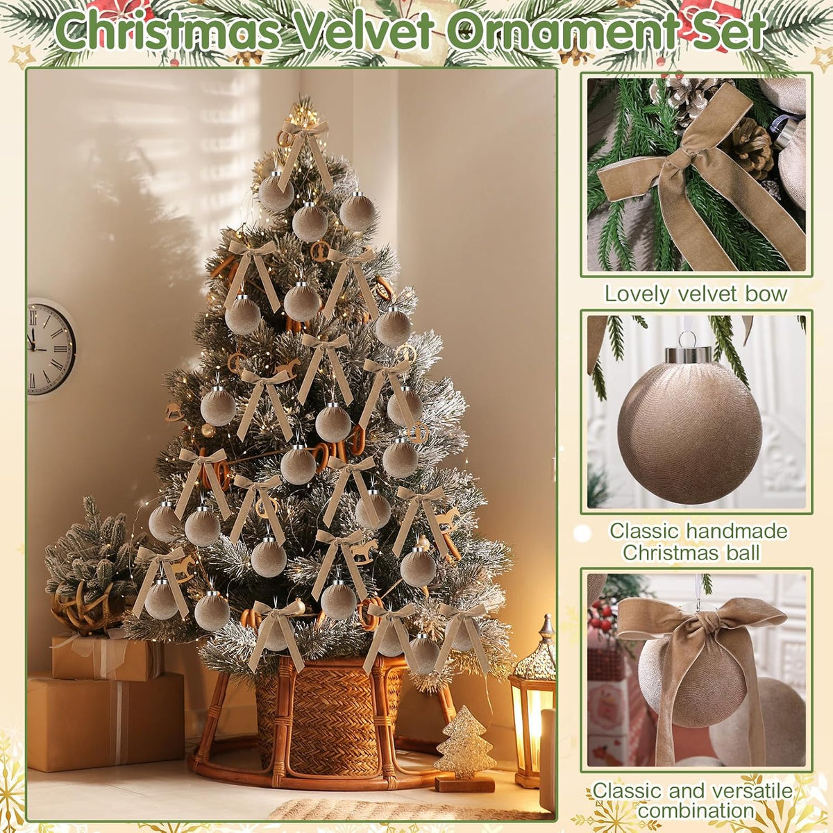 Wettarn 30 Sets Velvet Christmas Ornaments Balls & Bows, Khaki