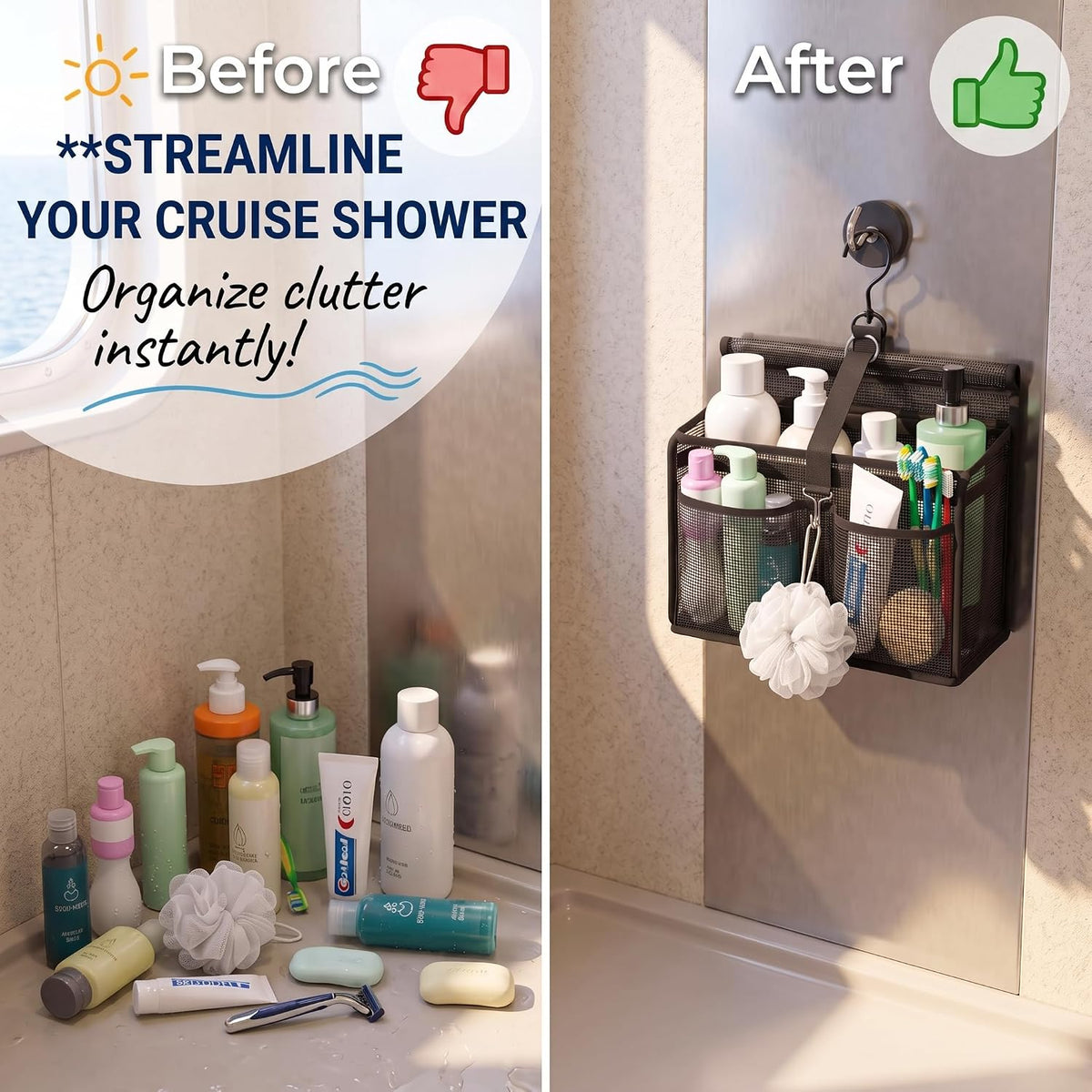 Magnetic Mesh Shower Caddy for Cruise Ships, Black