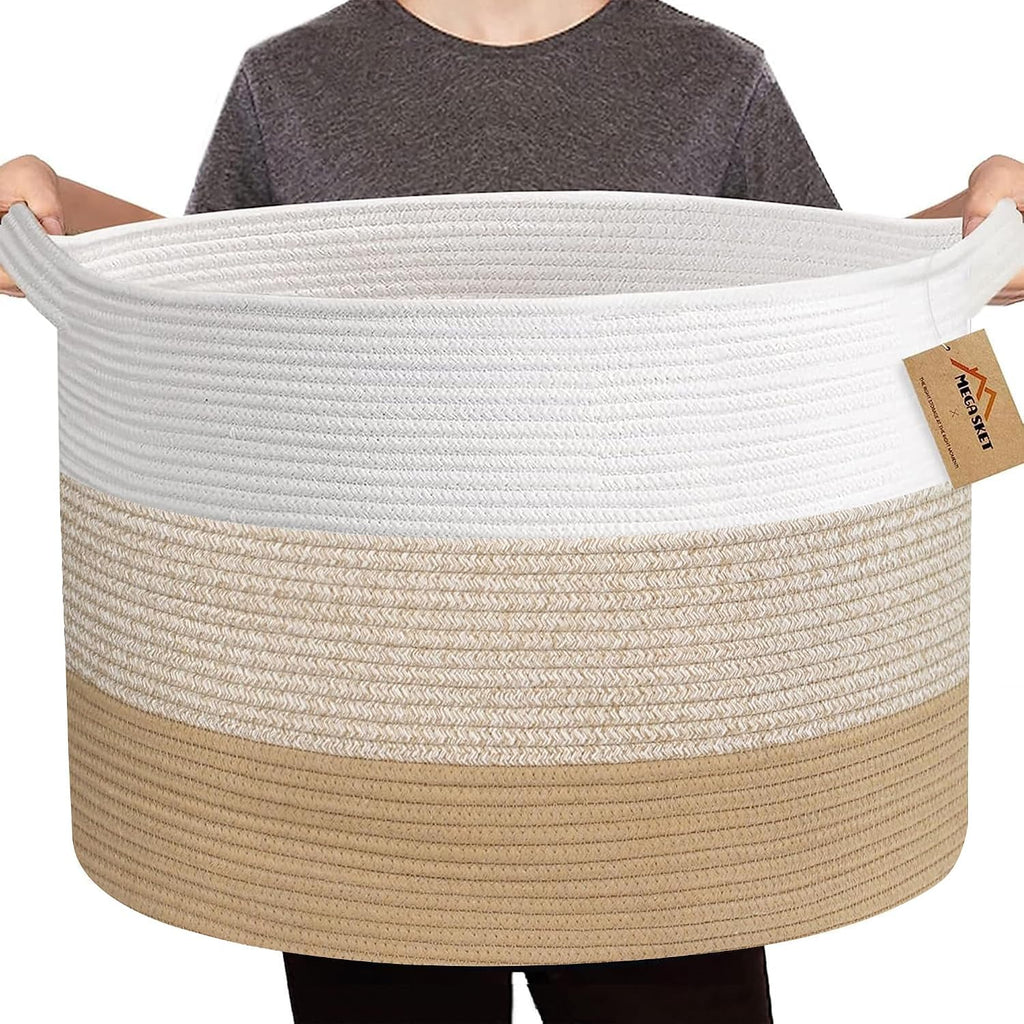 MEGASKET Extra Large Storage Basket, 22” X 22” X 14” Blanket Basket Living Room, Kids Toy Box Organizer, Woven Cotton Rope Baskets for Storage, Soft Dog Toy Bin, Wicker Pillow Blanket Holder