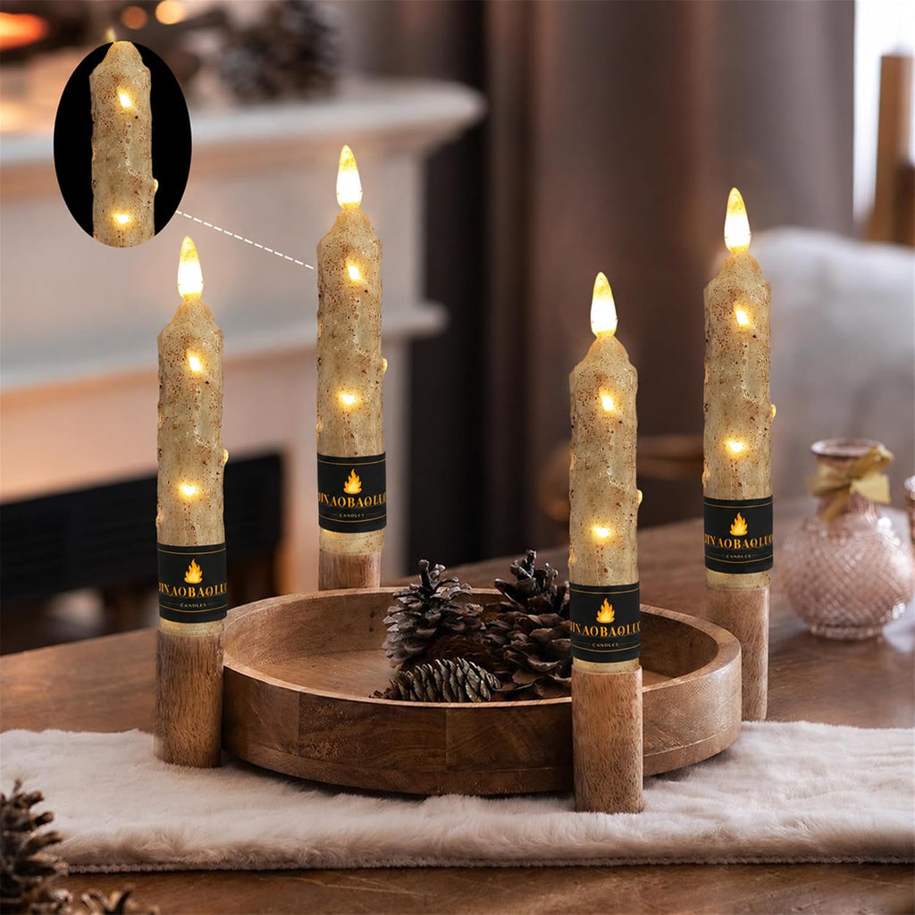 Wood Grain Flameless Taper Candles 4 Pack, 6.5 Inch LED Candles with Remote