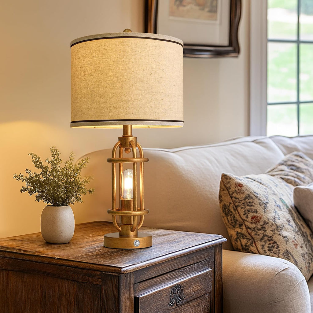 G-SAFAVA 23.75'' Table Lamps Set of 2 for Living Room Bedroom Industrial Farmhouse Metal Touch Lamps with USB A+C Ports, Night Light Vintage Nightstand Bedside Lamp, Bulbs Included, Antique Gold