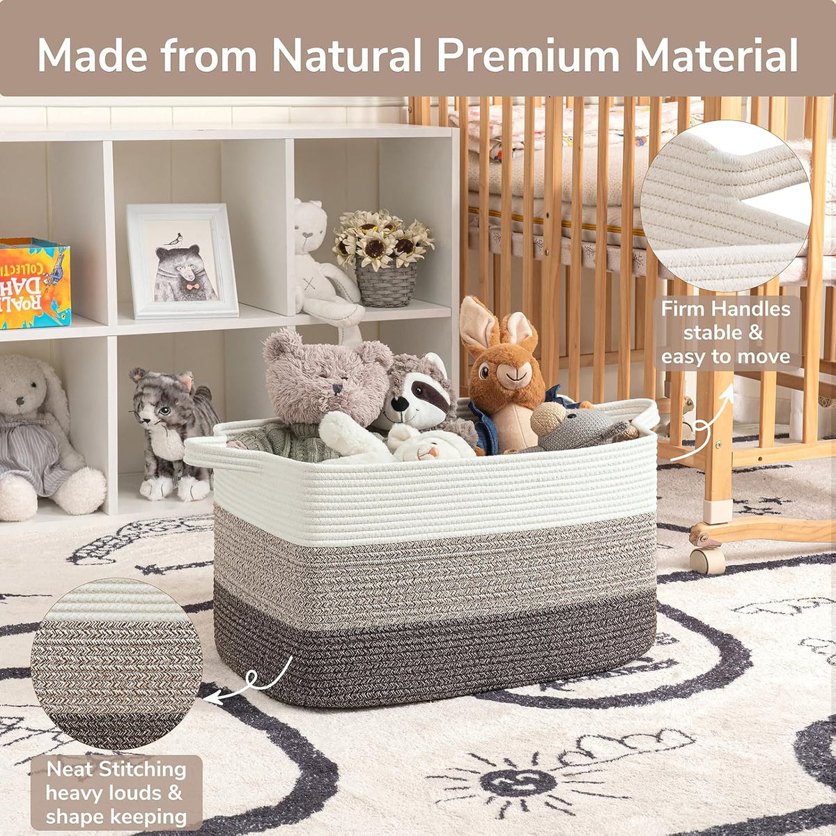 Goodpick Large Woven Rope Blanket Basket, Rectangle, White Brown