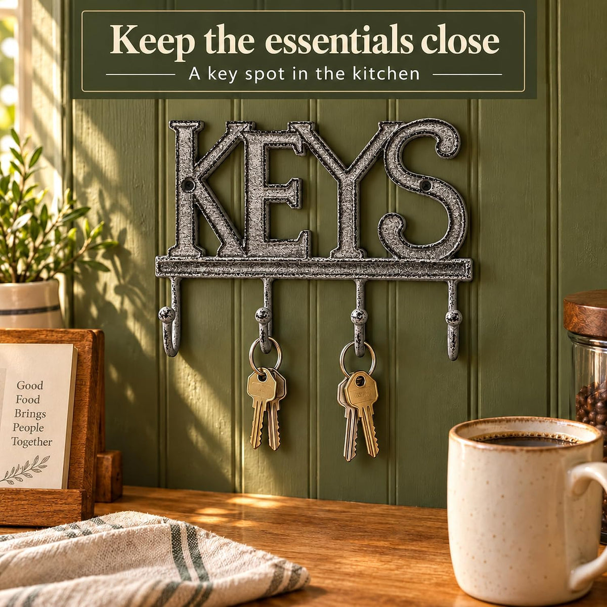Comfify Gray Cast Iron Key Holder for Wall – Keys Sign with 4 Hooks