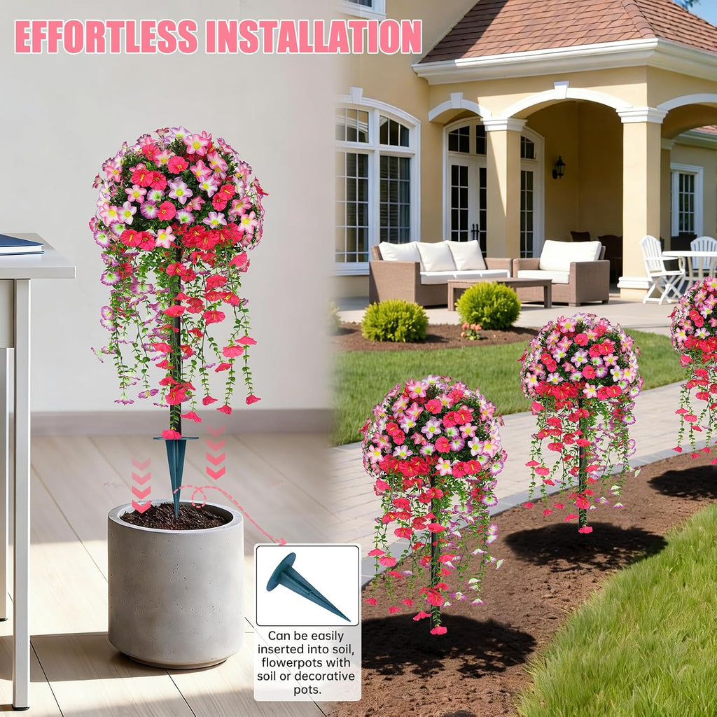 Yangrass 2PCS Fake Topiary Bushes with Pink Morning Glory Flowers,36"(3FT)