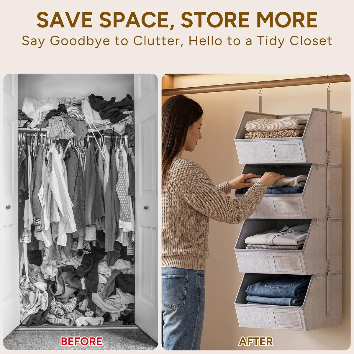 2 Pack 4-Tier Hanging Closet Organizer, Detachable Hanging Storage Shelves with Reinforced Side Panels, Hanging Closet Organizer for Clothes, Sweaters, Towels, Socks & Accessories, Gray