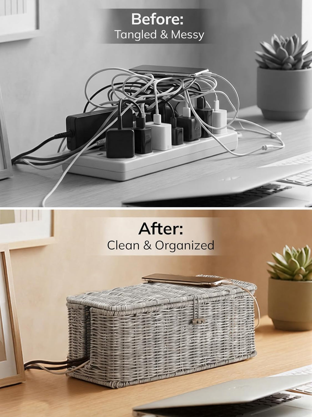 Cable Management Box, Cord Organizer with Lid & Cable Ties - Gray, L