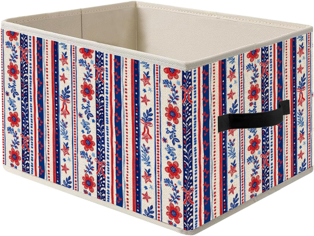 American Patriotic Storage Bin Box with Handles, Cottagecore Red White Blue Floral Striped 4th of July Foldable Organizer Basket Toybox for Home Bedroom Bathroom Clothes Toys Books