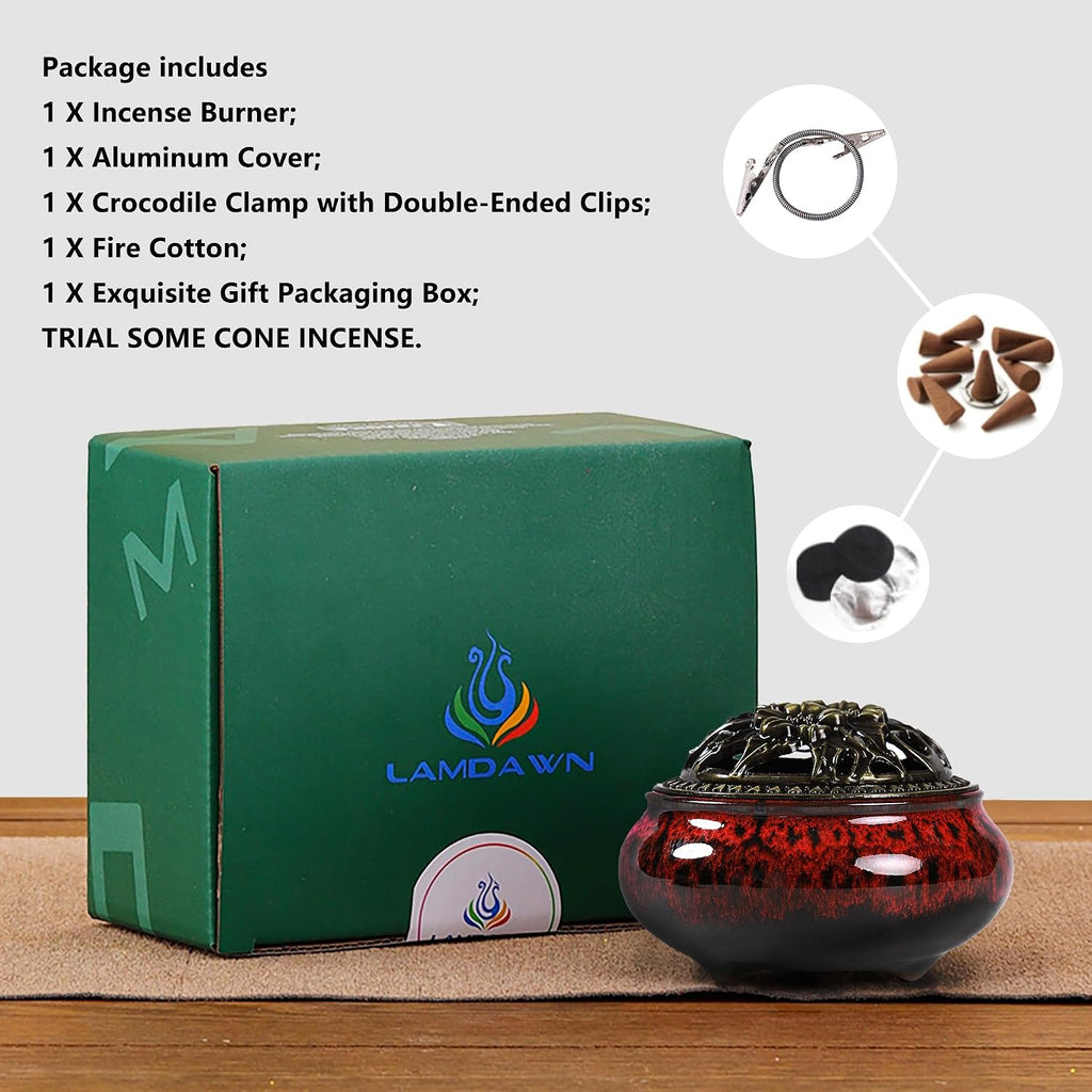 Incense Burner with Calabash Incense Stick Holder - Porcelain Charcoal Censer for Use with Resin Granular Powder Cone or Coil Incense (Fambe Red)