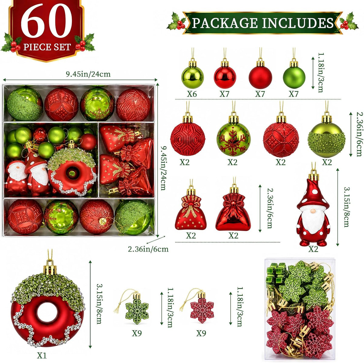 60 Pcs Red & Green Christmas Ornaments Set for Christmas Tree Decorations