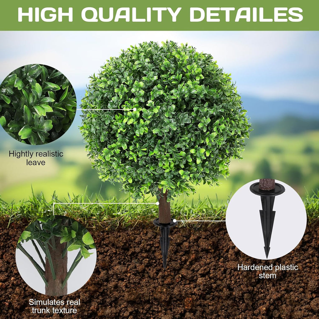 Set of 2 Artificial Boxwood Topiary Ball Tree,24" with Ground Spike