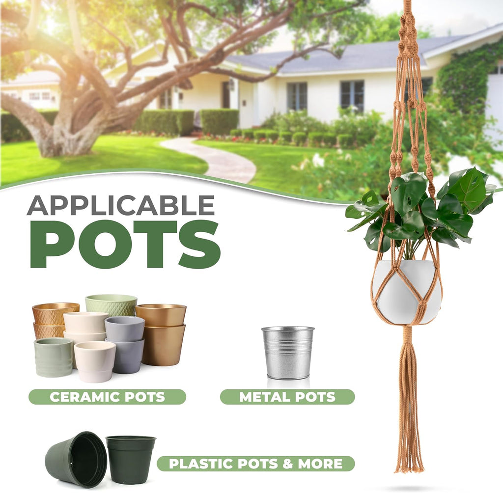 Sorbus Macrame Plant Hanger (6 Pack) Indoor Outdoor Hanging Plant Pots Cotton Rope, Elegant for Home, Patio, Garden (Brown)