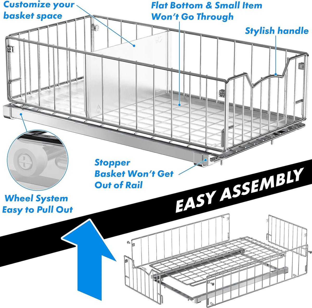 Simple Houseware Pull-Out Cabinet Sliding Basket, 17.2Dx9.7Wx5H, Chrome