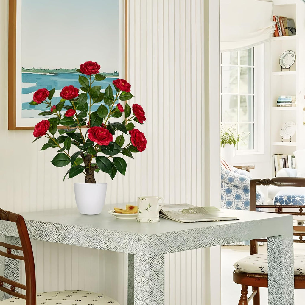 Hollyone Red Artificial Camellia Tree 23.6" Flower Plants Artificial Tree Small Faux Camellia Plant in Pot Greenery Potted Plant for Indoor Outdoor Porch Front Door Office Home Decor