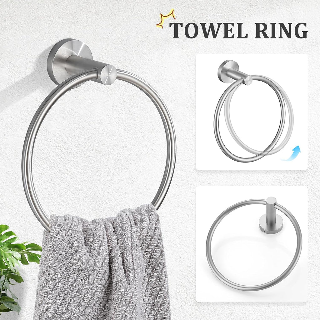TURS Brushed Steel Towel Ring Toilet Paper Holder Towel Hooks 4-Pieces Bathroom Towel Holder Set SUS304 Stainless Steel Bathroom Accessories Kit Wall Mounted