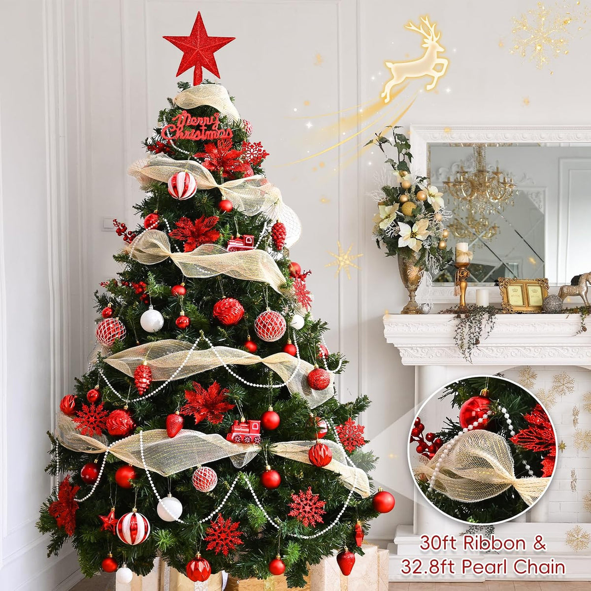 Ktinnead 94 Pcs Christmas Tree Decorations Set, Red Shatterproof Christmas Tree Hanging Ball Ornaments with Glitter Poinsettia Flowers Decorations Berries Snowflakes for Xmas Party Holiday Wedding