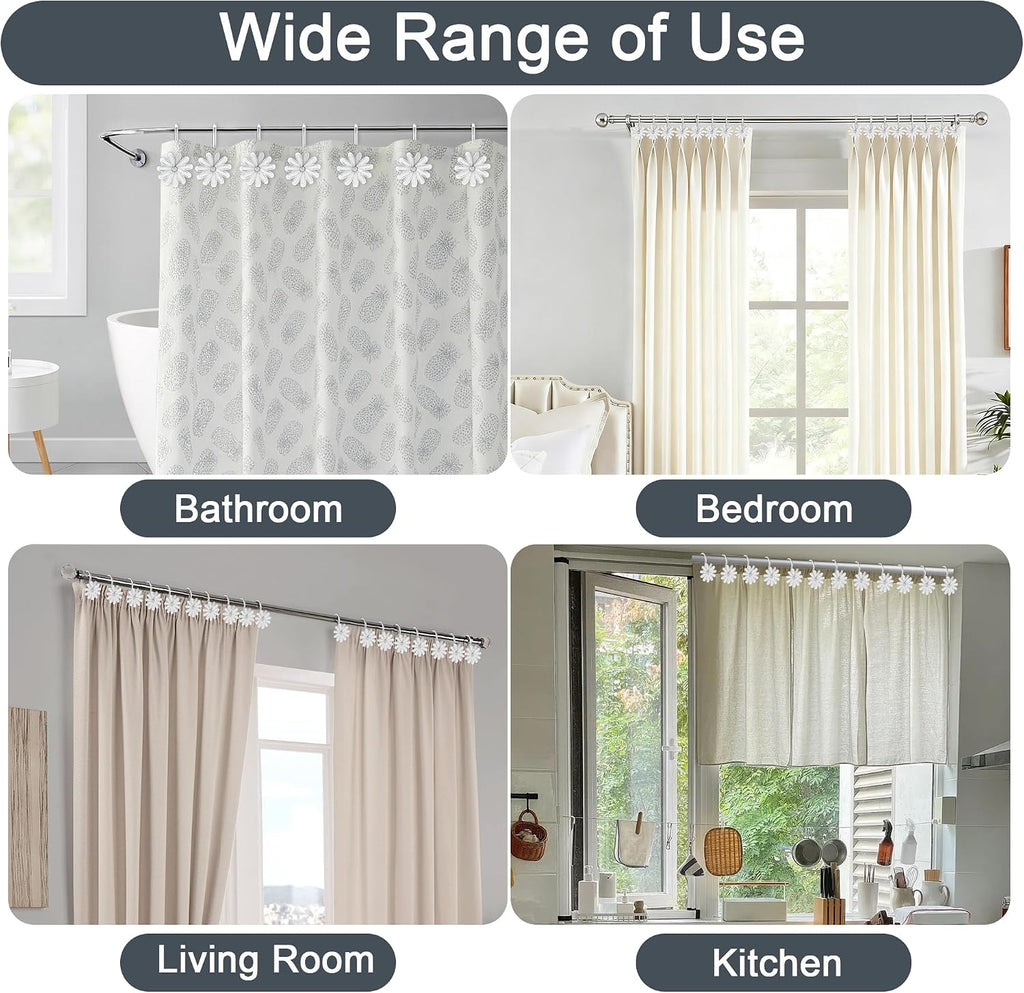 Shower Curtain Hooks, Rust Resistant Cute Daisy Metal Decorative Shower Rings Hangers Set of 12 for Bathroom Curtains,Clothing, Towels (Silver White)