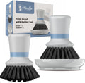 2-Pack Dish Scrub Brush with Holder Set, Non-Scratch Palm Scrub Brush for Kitchen, Nylon Bristle Pot Scrubber for Dishes, Pans & Sink with Ergonomic TPR Grip, Gray